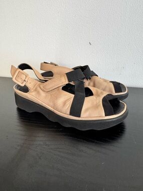 Thierry Rabotin Beige and Black Leather Slingback Sandals
